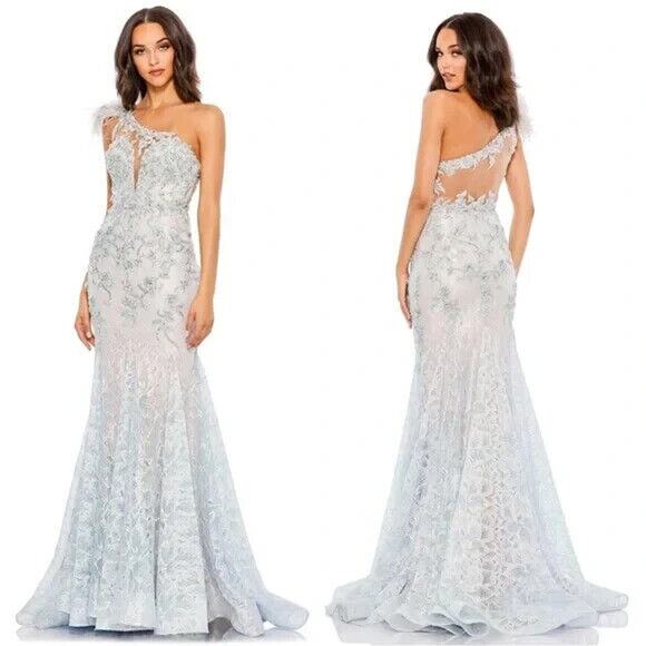 MAC DUGGAL 79264 EMBROIDERED APPLIQU FEATHERED ONE SHOULDER CRYSTAL BLUE GOWN 14 - Picture 4 of 6